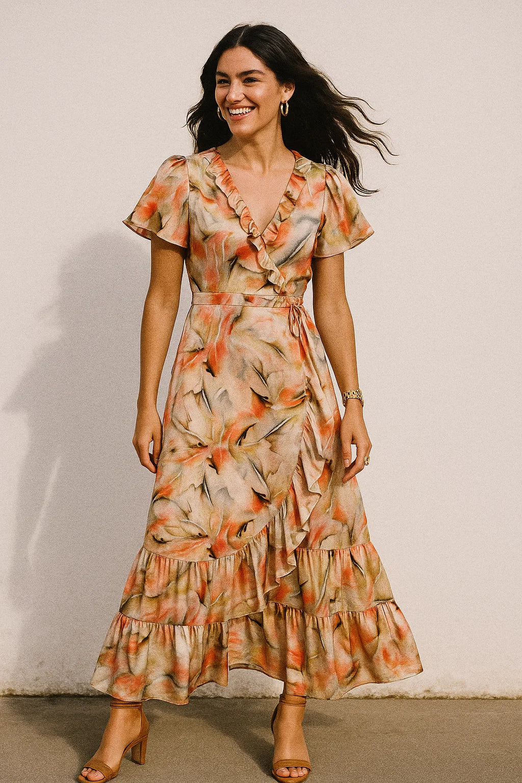 Celosia Orange Leaves Printed Silk Crepe Fabric Material