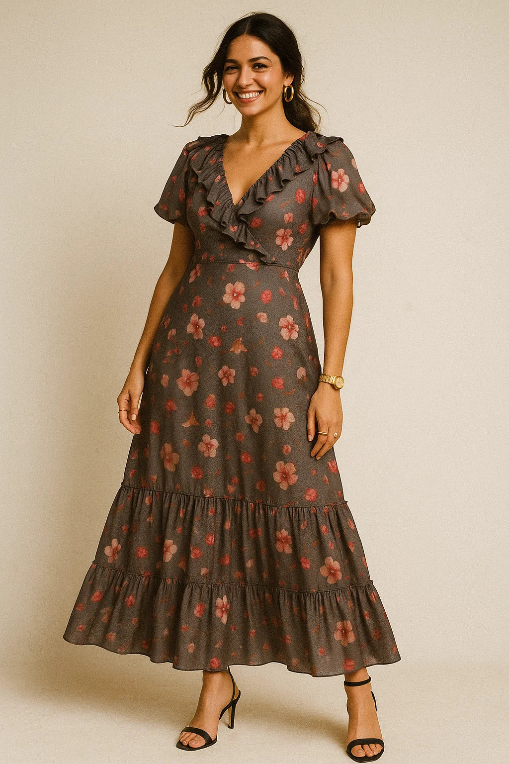 Gray Flower Printed Silk Crepe Fabric Material