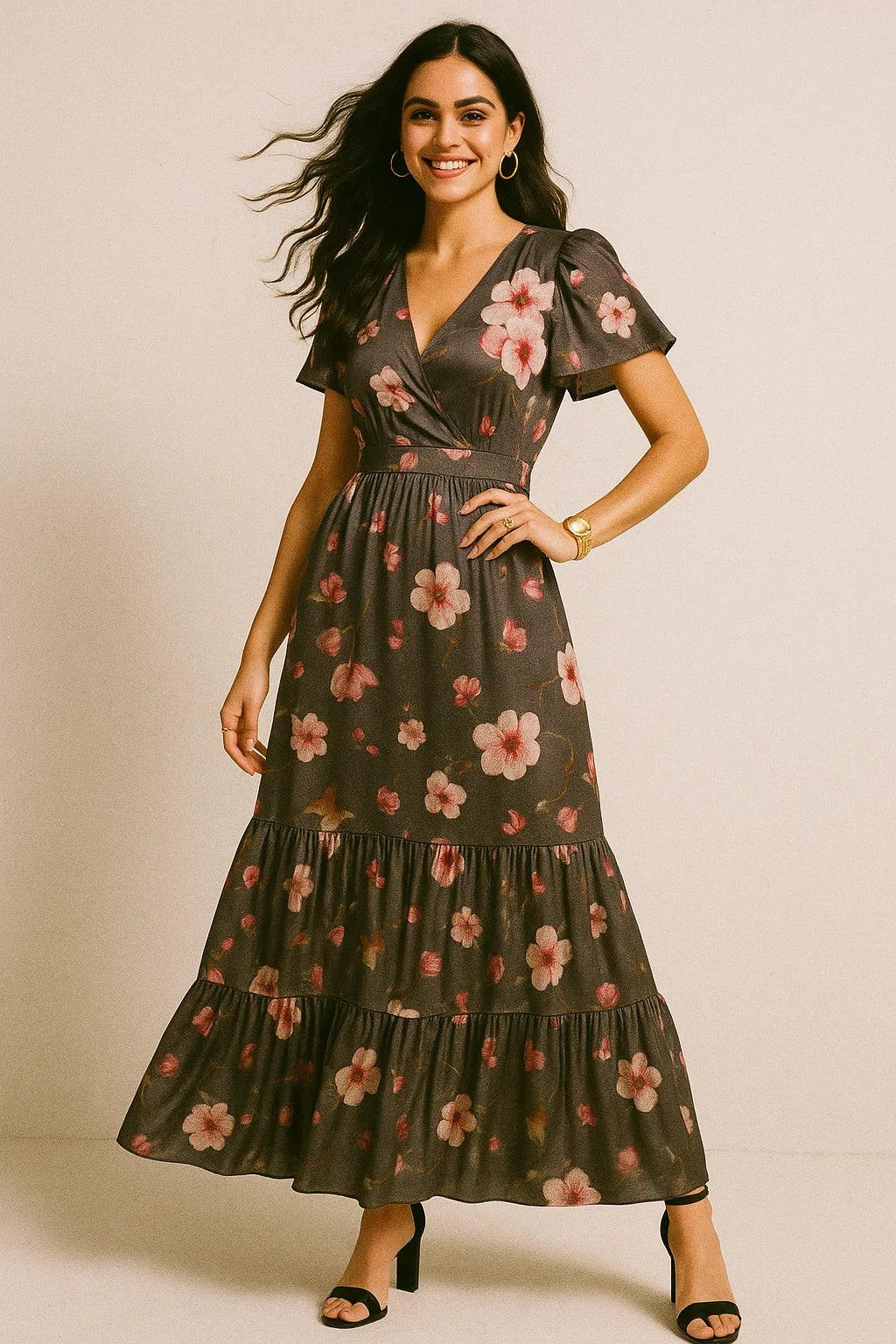 Gray Flower Printed Silk Crepe Fabric Material