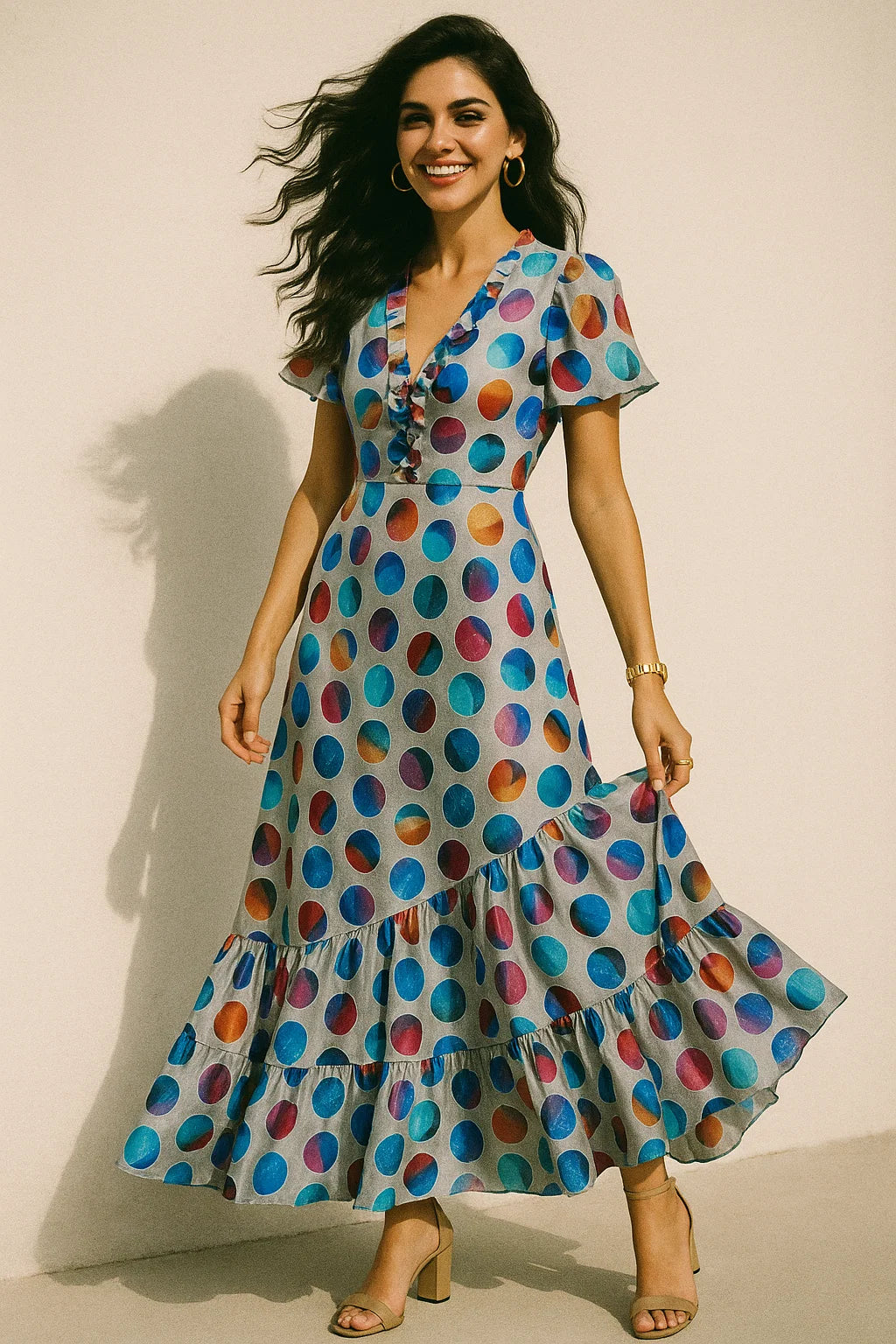 Rainbow Circle With Doted Line Bar Digital Printed Fabric - Silk Crepe