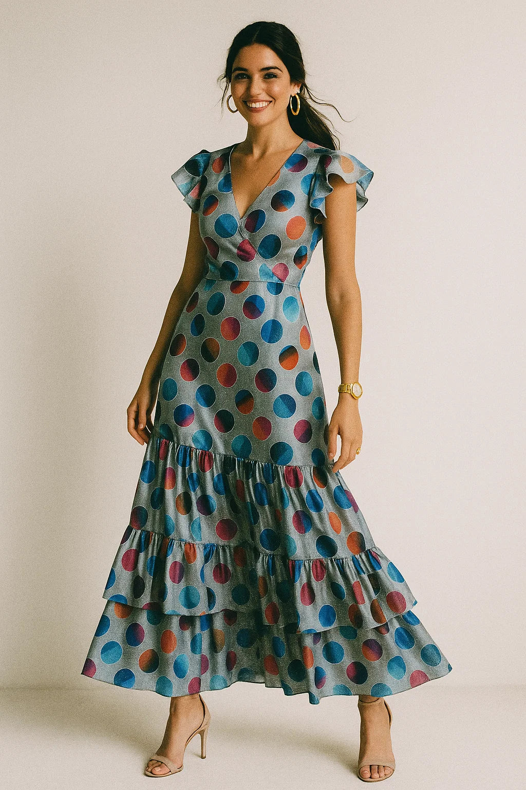 Rainbow Circle With Doted Line Bar Digital Printed Fabric - Silk Crepe