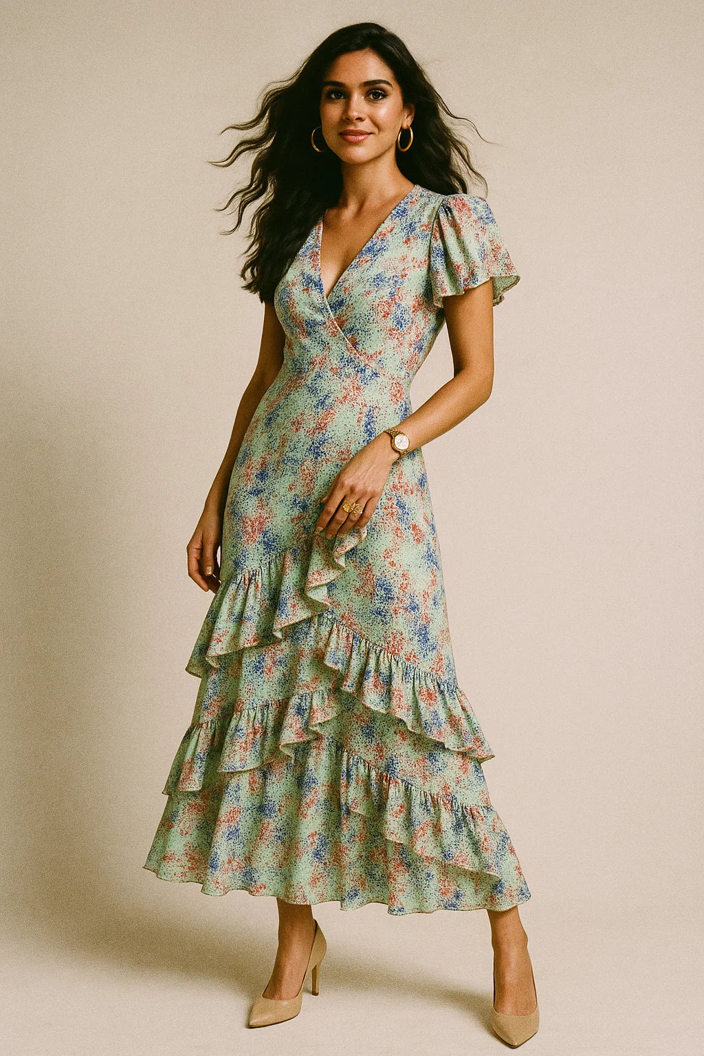 Morden Blue And Red Sprinkle Digital Printed Fabric - Silk Crepe