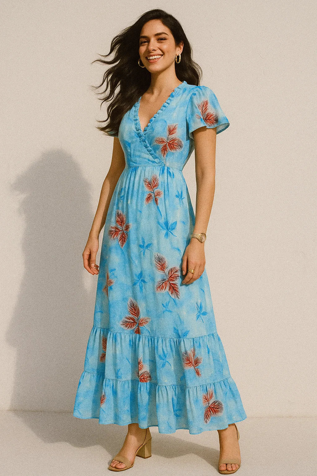 Cool Blue Ice Brown Leaves Digital Printed Fabric - Silk Crepe