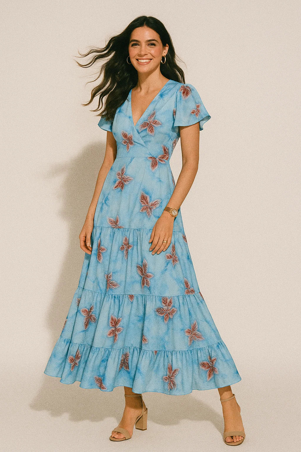 Cool Blue Ice Brown Leaves Digital Printed Fabric - Silk Crepe