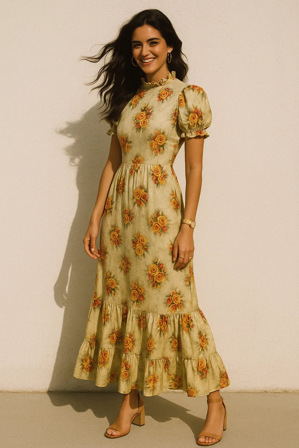 Yellow Roses Of Bunch Repeat Digital Printed Fabric - Silk Crepe