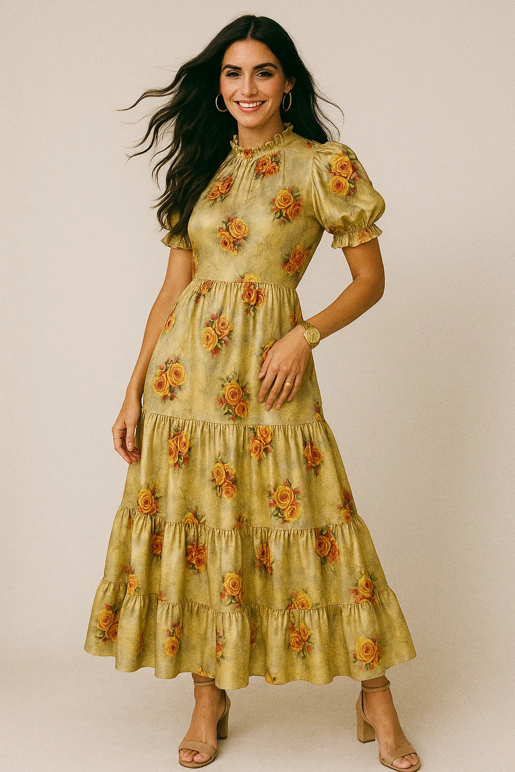 Yellow Roses Of Bunch Repeat Digital Printed Fabric - Silk Crepe