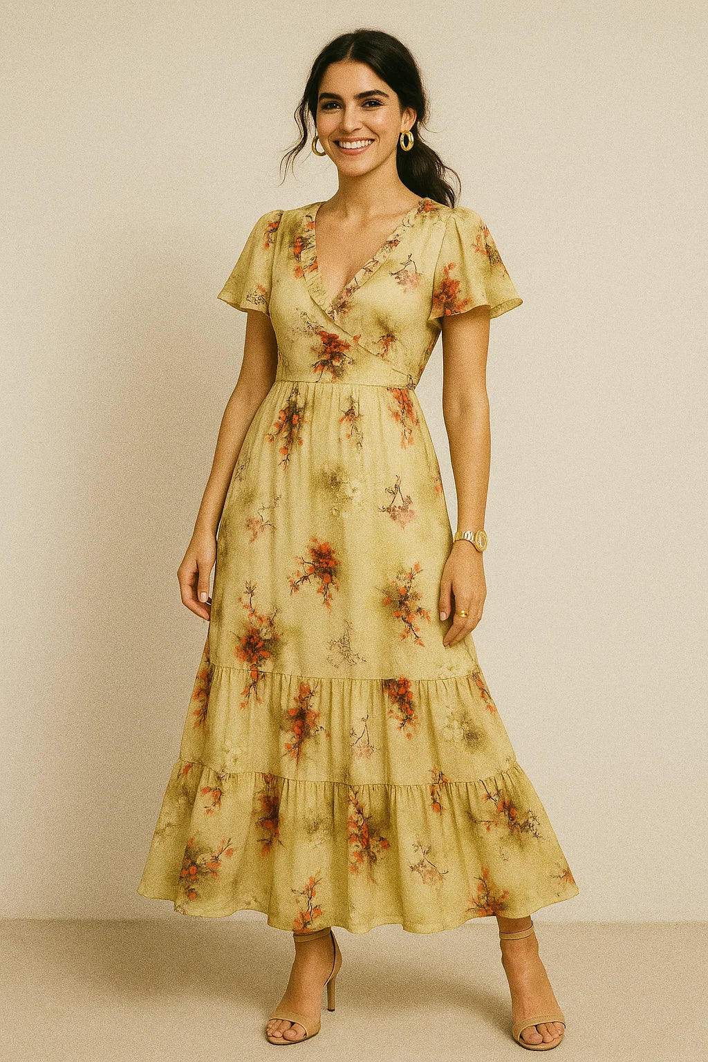 Morden Tiny Leaves With Brass Nail Colour Digital Printed Fabric - Silk Crepe