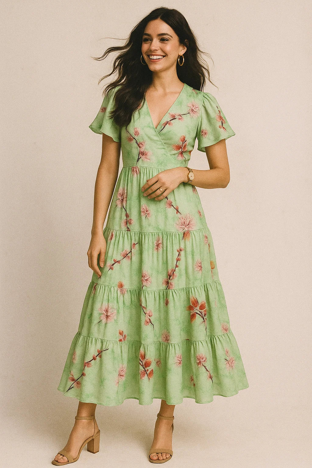 Beautiful Pink Floral With Red Leaves Digital Printed Fabric - Silk Crepe