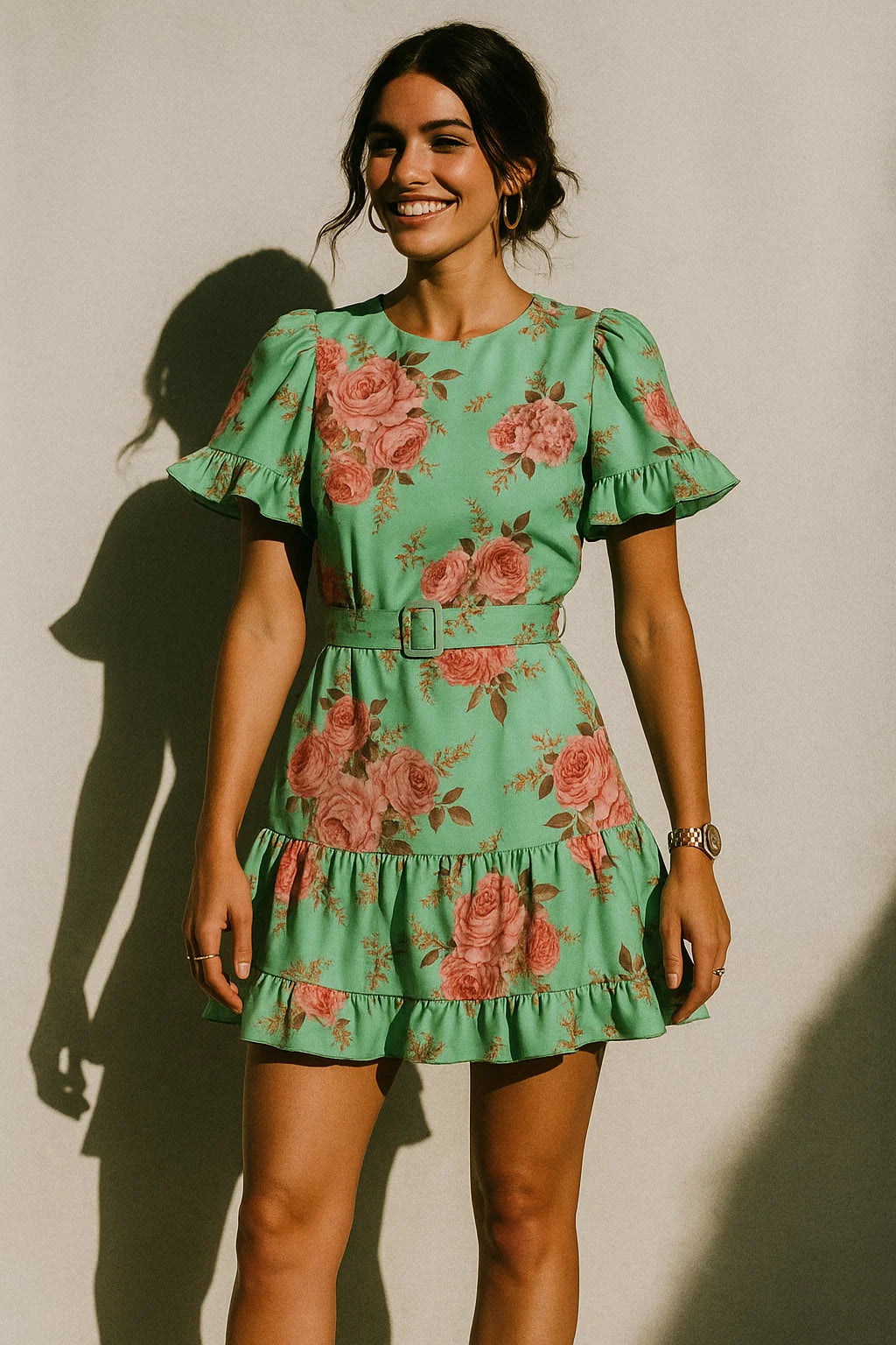 Pink Roses Brown Leaves Digital Printed Fabric - Silk Crepe