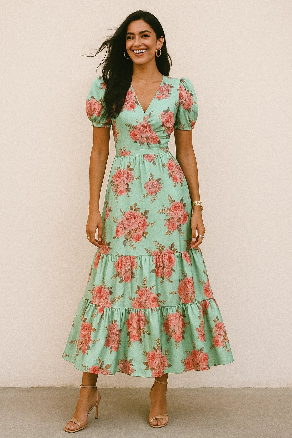 Pink Roses Brown Leaves Digital Printed Fabric - Silk Crepe