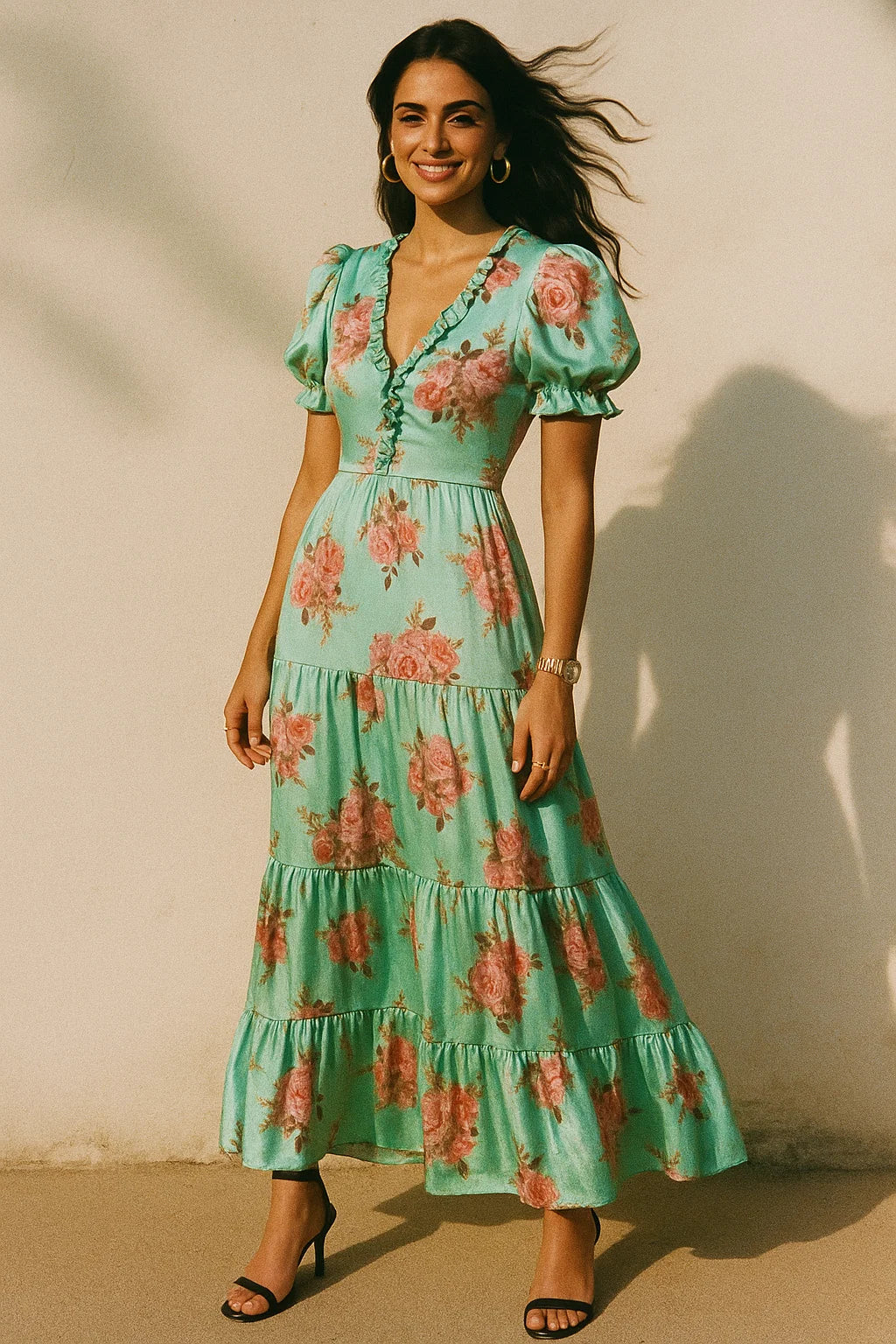 Pink Roses Brown Leaves Digital Printed Fabric - Silk Crepe