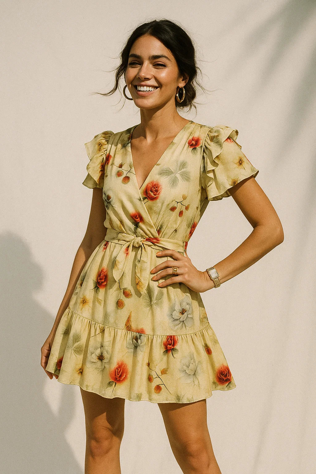 Morden Gradient Colourful Leaves With Roses Digital Printed Fabric - Silk Crepe