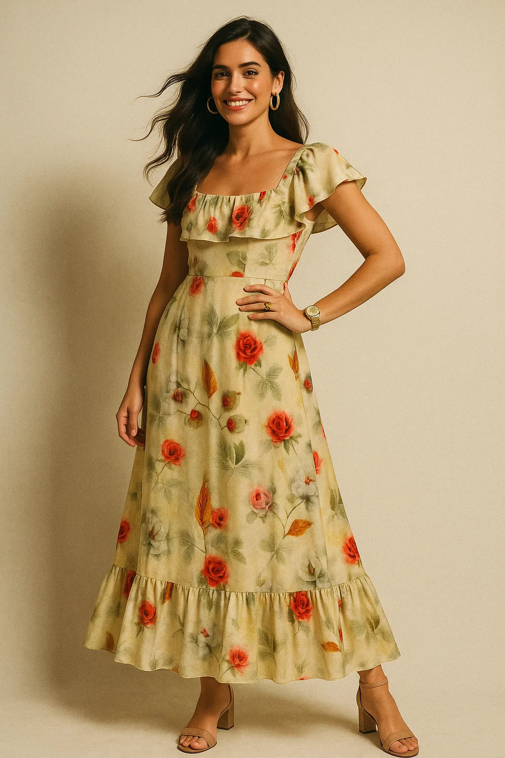 Morden Gradient Colourful Leaves With Roses Digital Printed Fabric - Silk Crepe