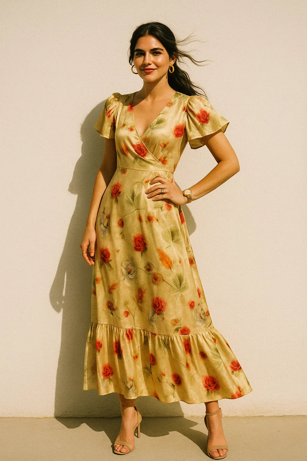 Morden Gradient Colourful Leaves With Roses Digital Printed Fabric - Silk Crepe