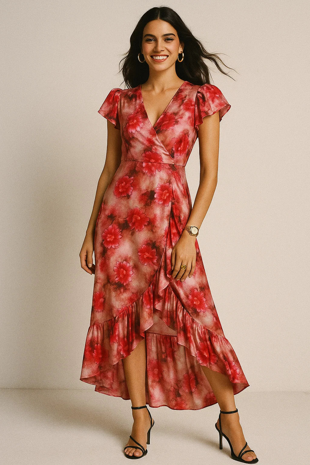 Red Velvet Roses With Paint Background Digital Printed Fabric - Silk Crepe