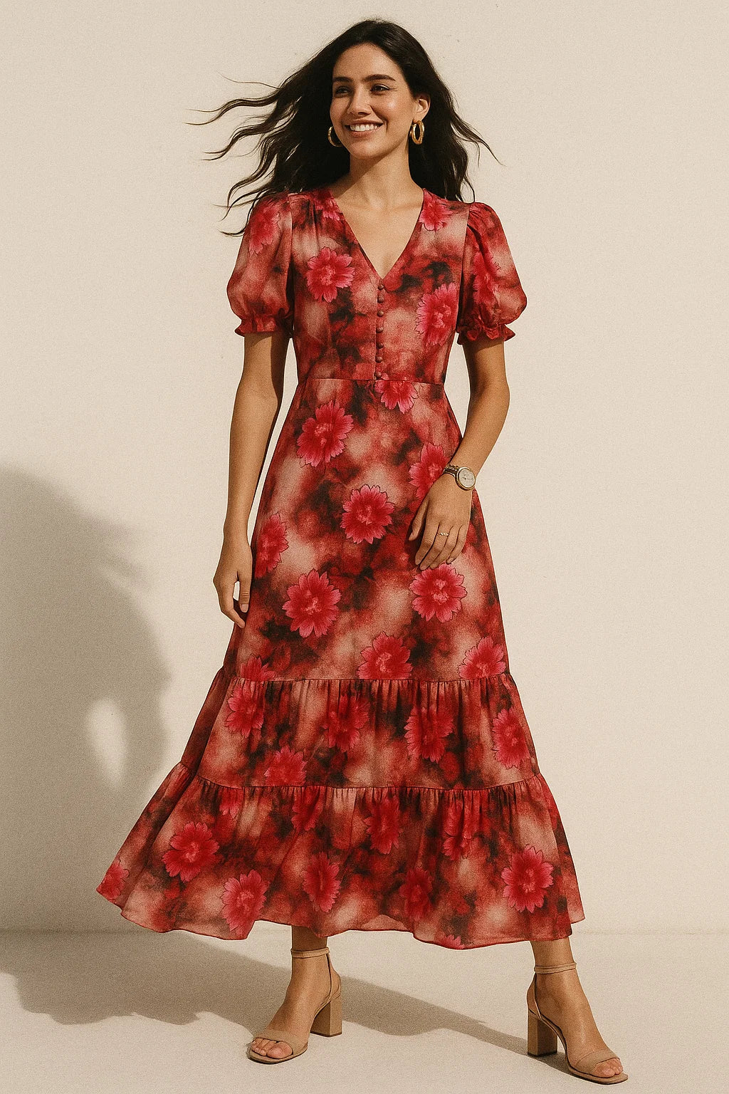 Red Velvet Roses With Paint Background Digital Printed Fabric - Silk Crepe