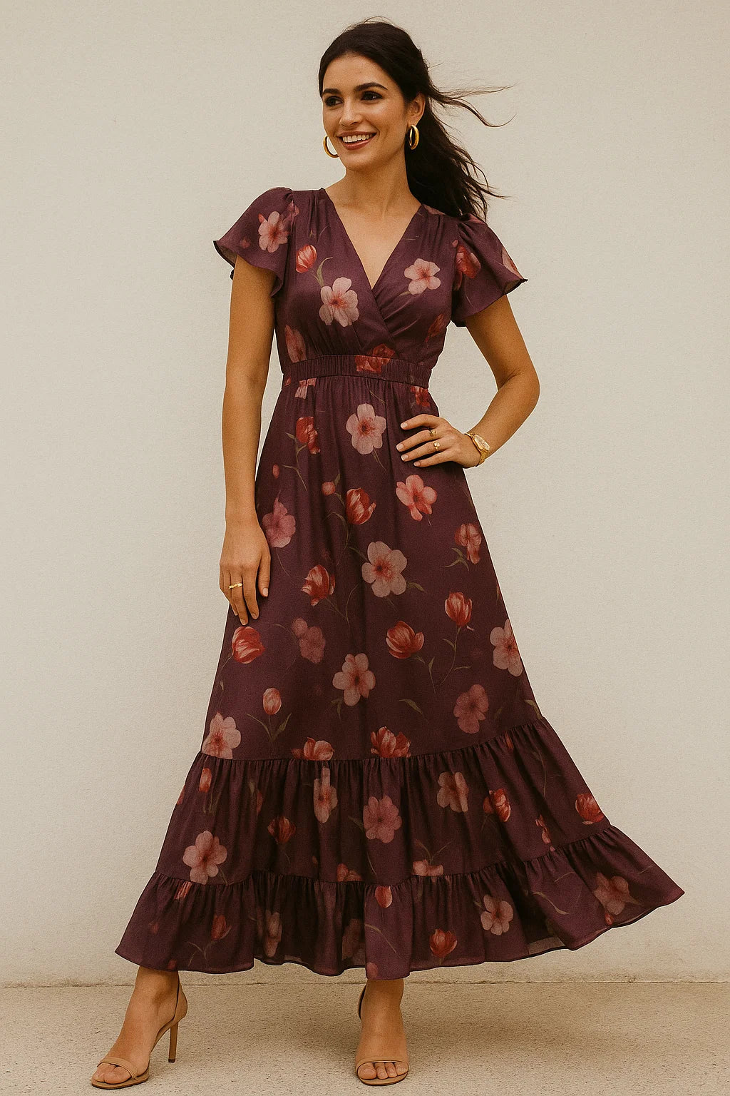 Shiny Red Tulip With Cherry Blossom Flower Digital Printed Fabric - Silk Crepe