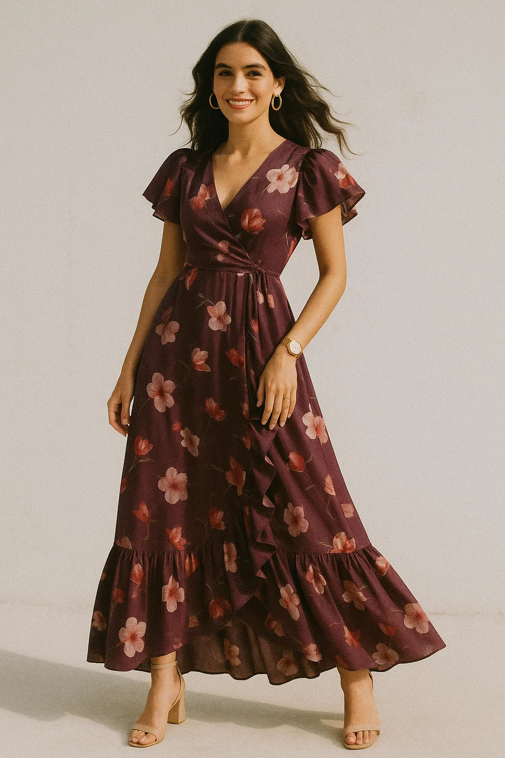 Shiny Red Tulip With Cherry Blossom Flower Digital Printed Fabric - Silk Crepe