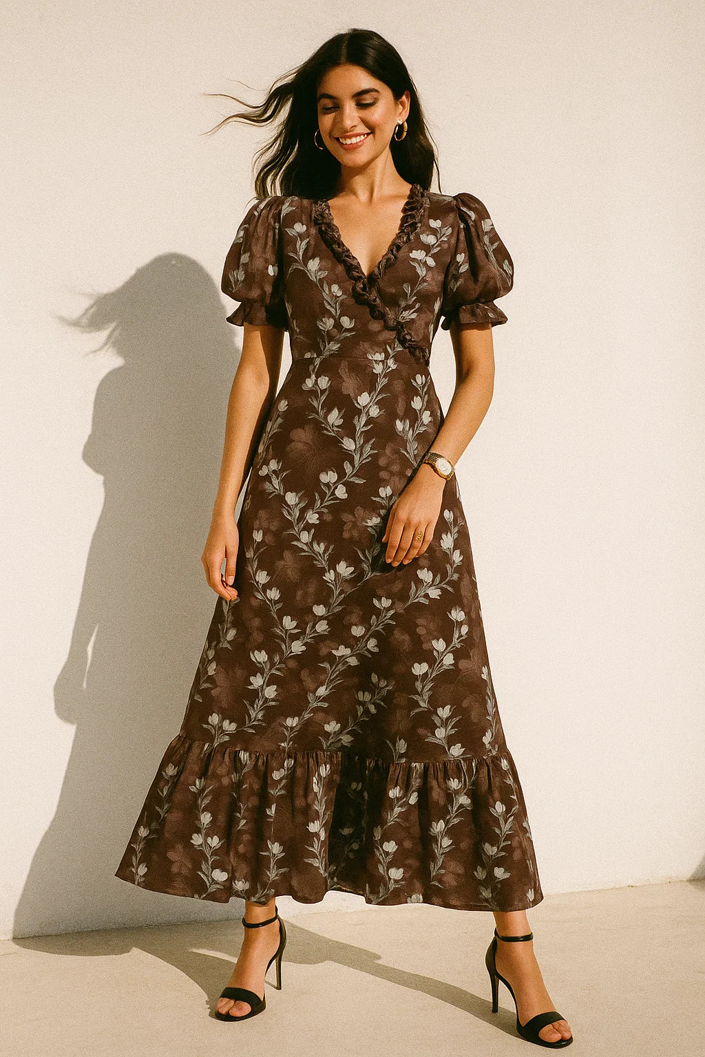 Watercolor Blooming Flower Brown Flower Digital Printed Fabric - Silk Crepe