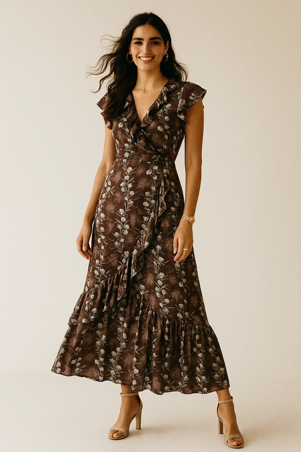 Watercolor Blooming Flower Brown Flower Digital Printed Fabric - Silk Crepe