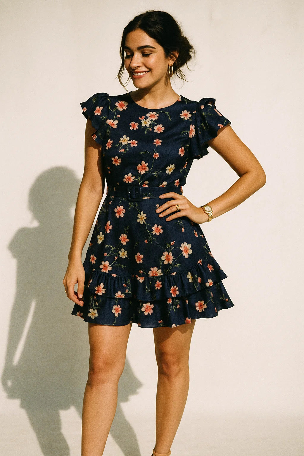 Tiny Colorfull Orchids Floral With Blue Background Digital Printed Fabric - Silk Crepe