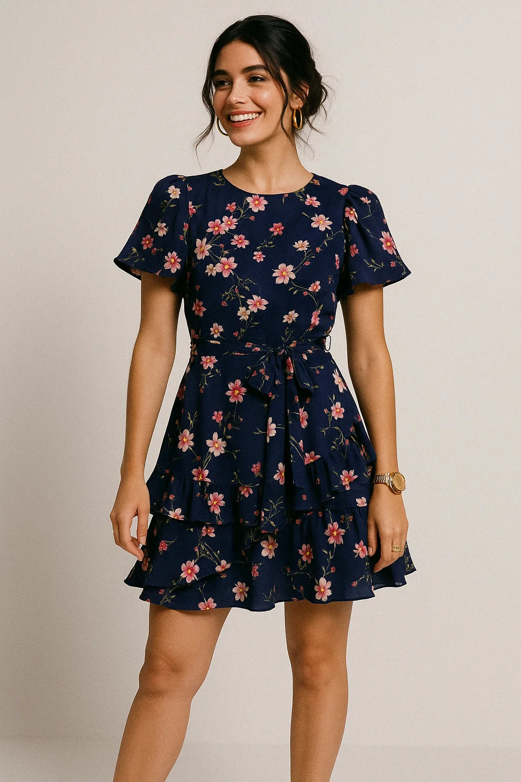 Tiny Colorfull Orchids Floral With Blue Background Digital Printed Fabric - Silk Crepe