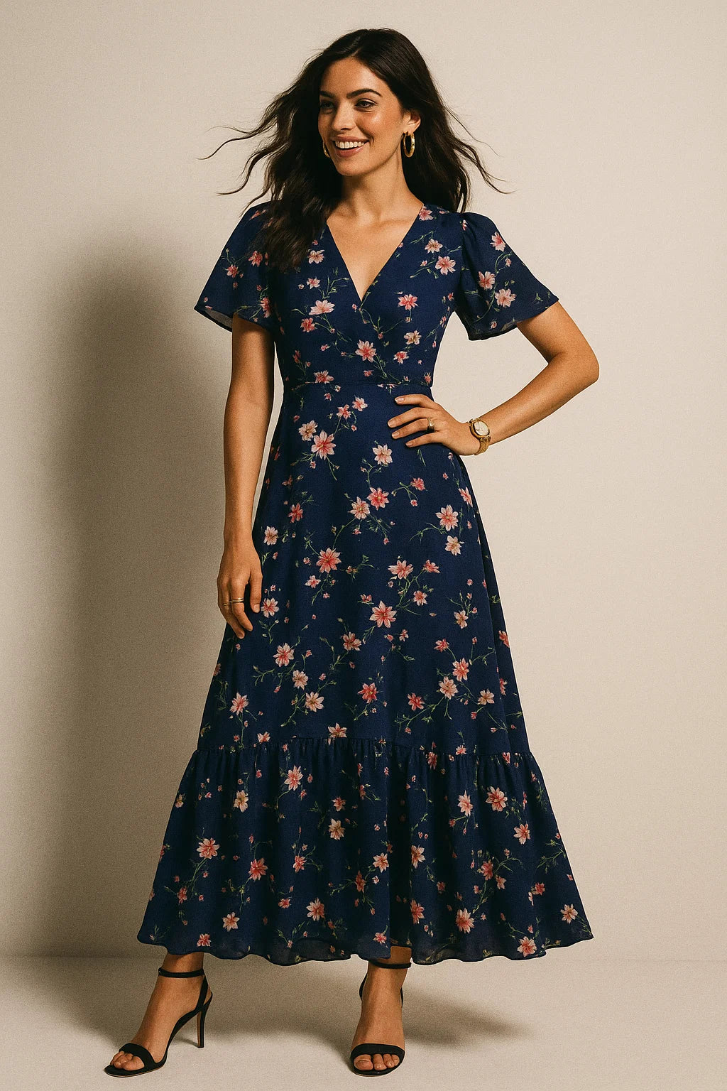 Tiny Colorfull Orchids Floral With Blue Background Digital Printed Fabric - Silk Crepe