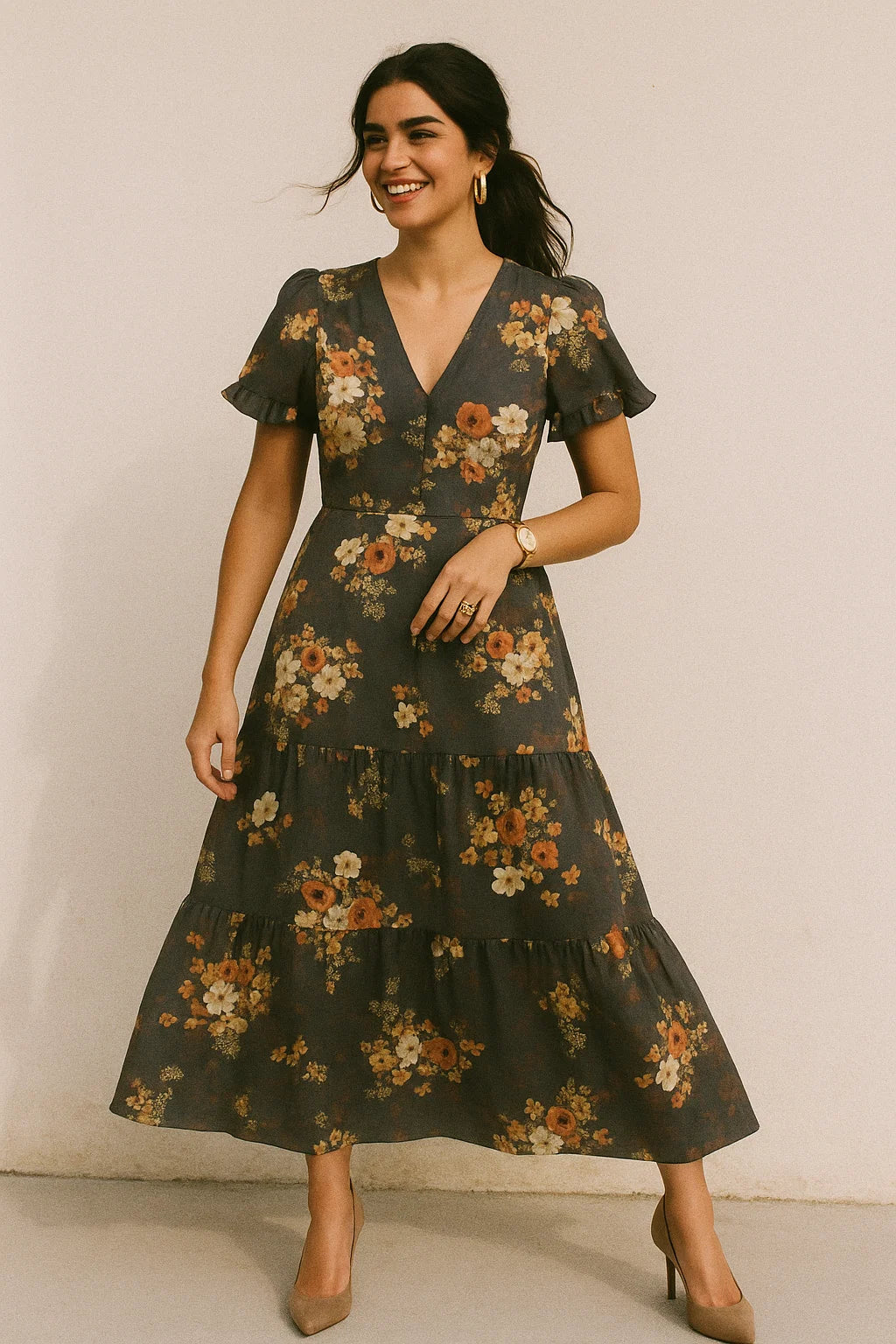 Multicolour Orchid Flower With Grey Background Digital Printed Fabric - Silk Crepe