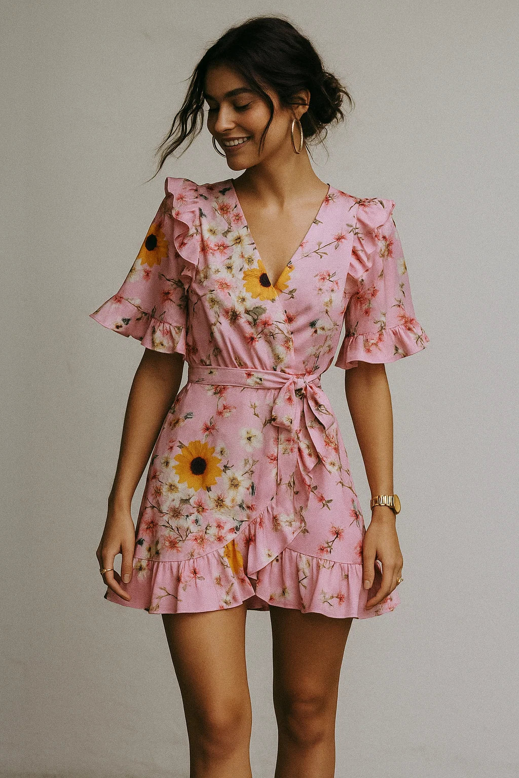 Decorative Multicolour Sunflower Digital Printed Fabric - Silk Crepe