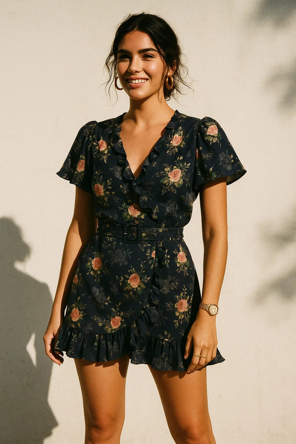 Colourful Roses With Multicolour Branch Digital Printed Fabric - Silk Crepe