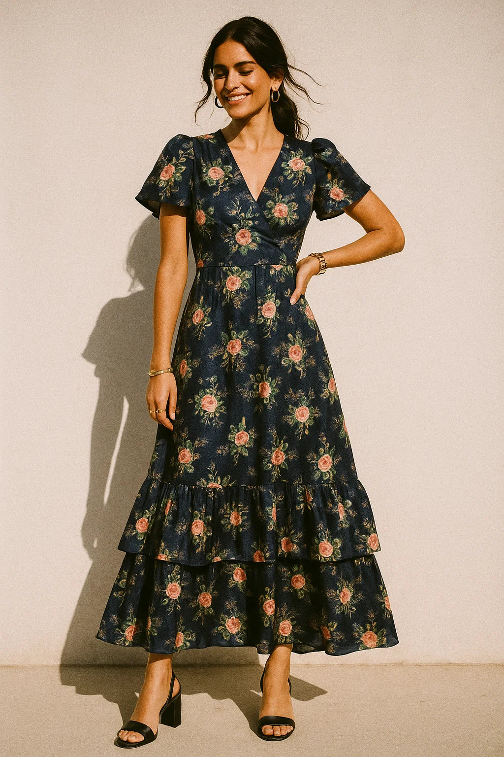 Colourful Roses With Multicolour Branch Digital Printed Fabric - Silk Crepe