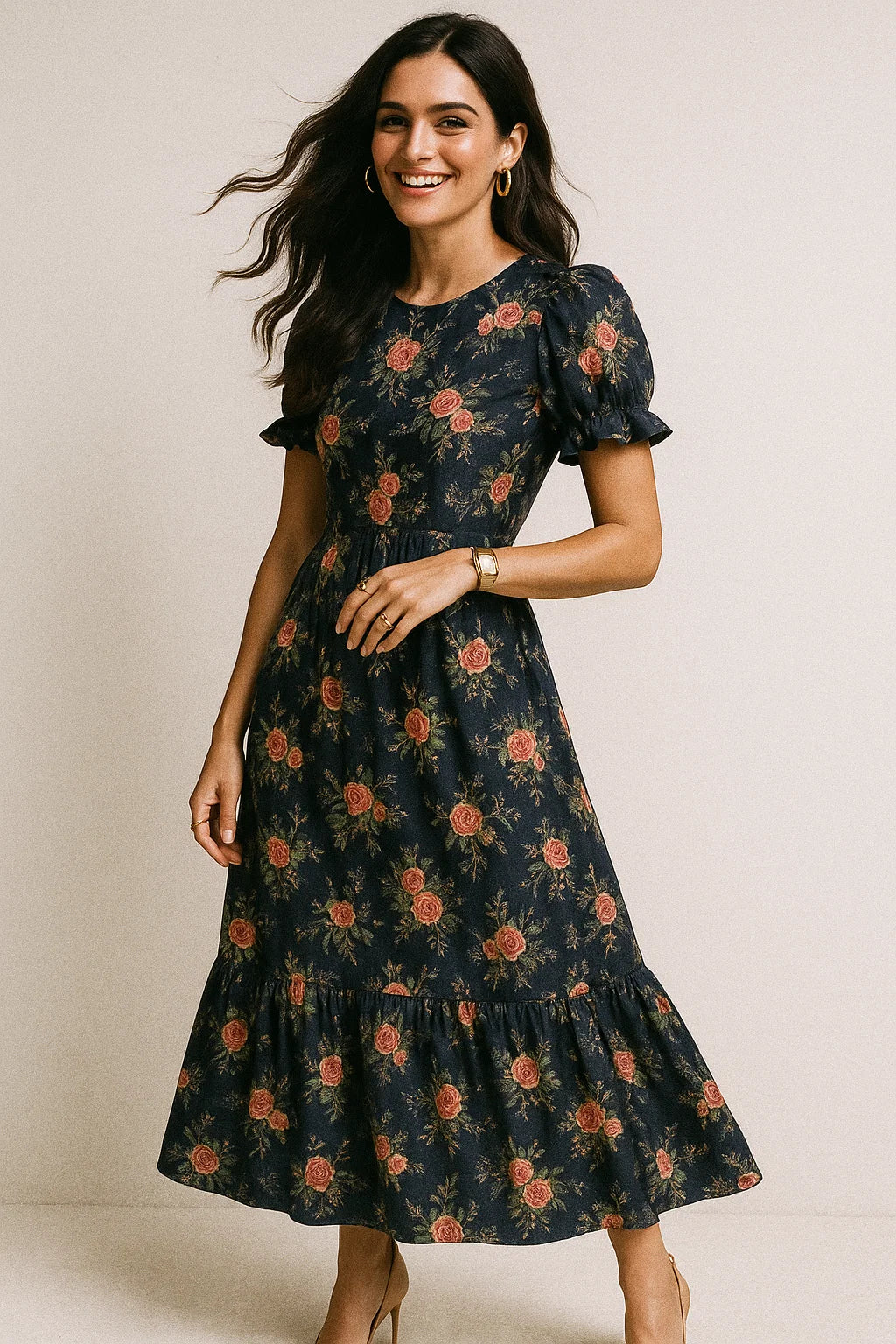 Colourful Roses With Multicolour Branch Digital Printed Fabric - Silk Crepe