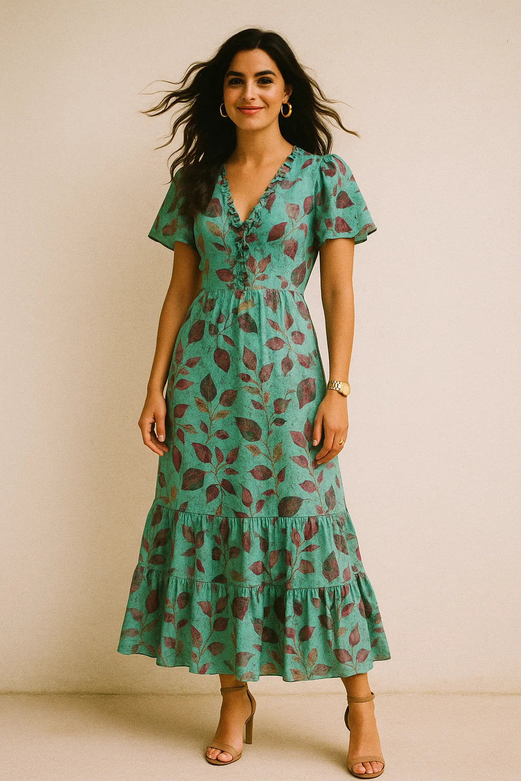 Watercolour Autumnal Leaves With Green Sprinkle Digital Printed Fabric - Silk Crepe