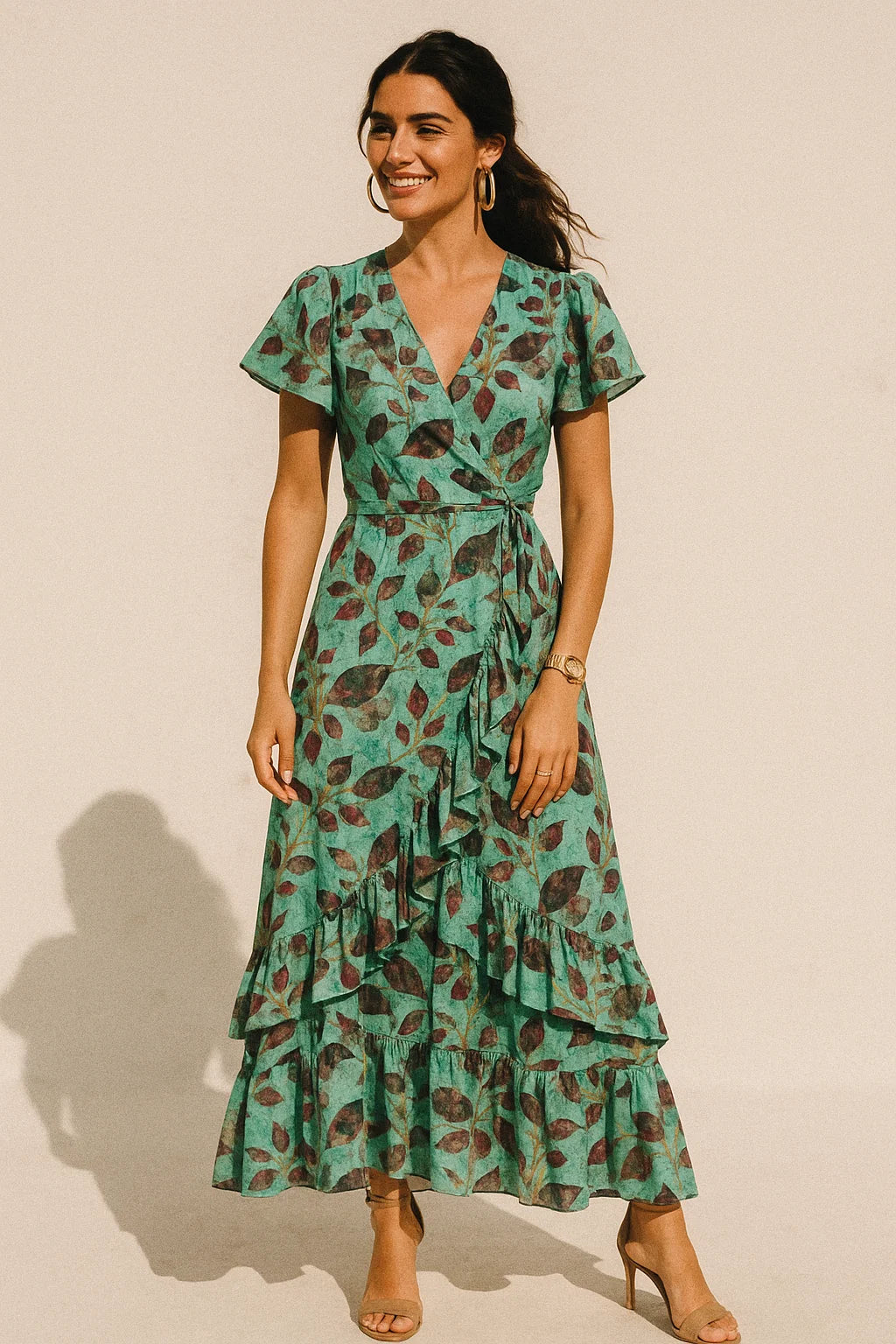 Watercolour Autumnal Leaves With Green Sprinkle Digital Printed Fabric - Silk Crepe