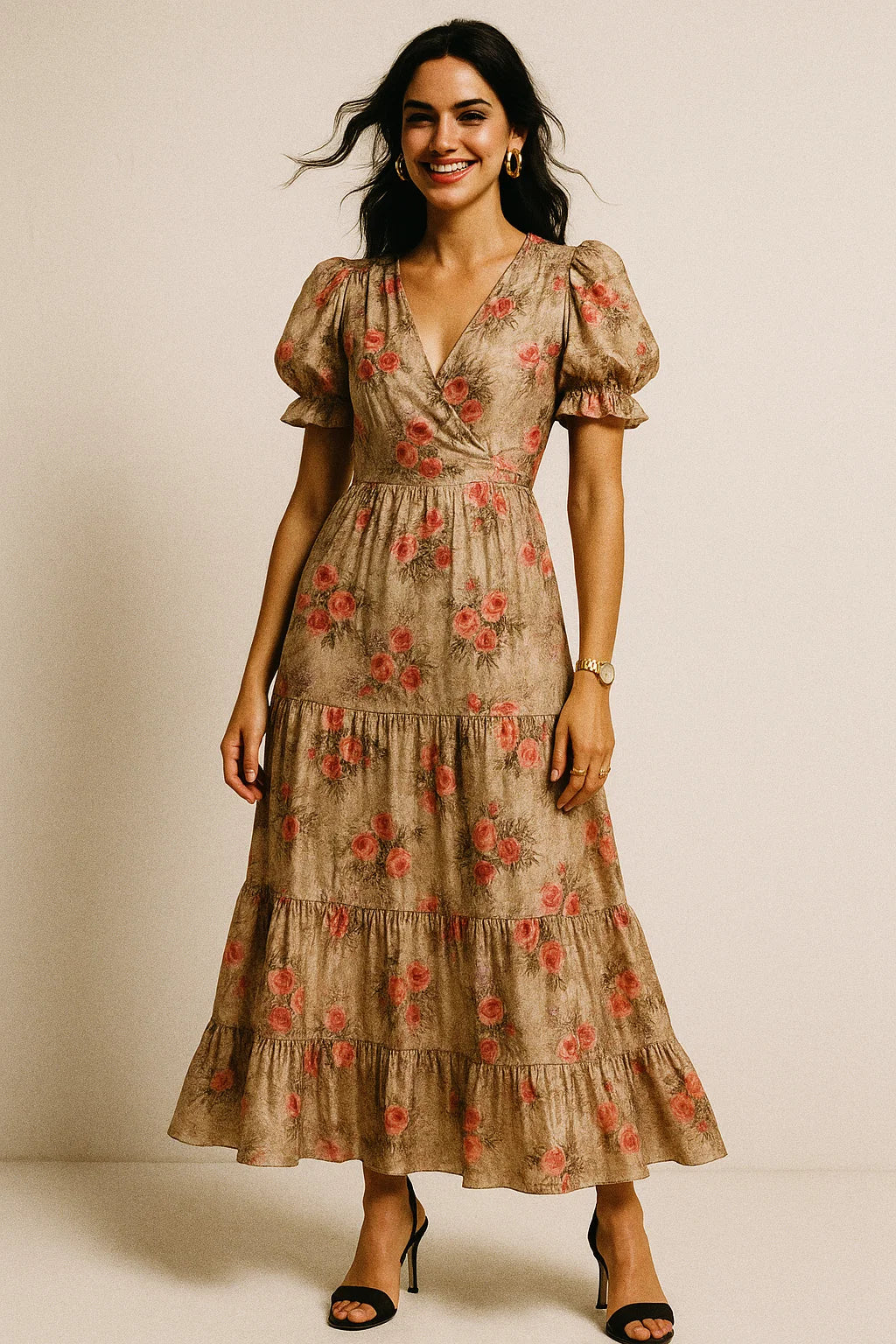 Vintage Art Of Roses With Leaves Digital Printed Fabric - Silk Crepe