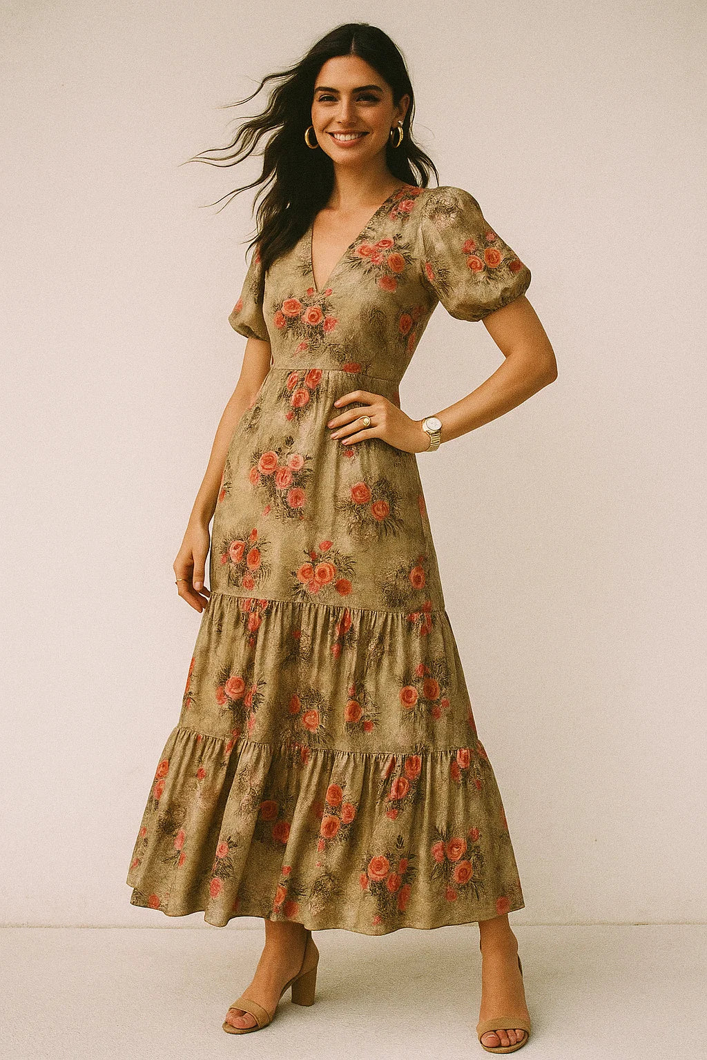 Vintage Art Of Roses With Leaves Digital Printed Fabric - Silk Crepe