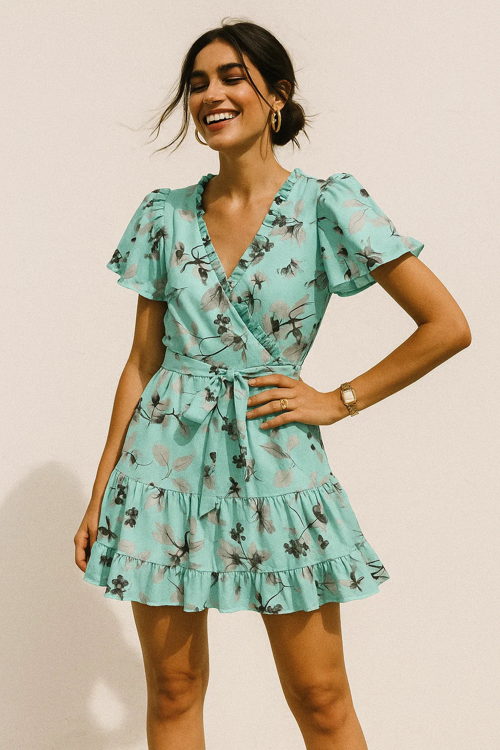 Morden Grey Leaves With Branch Digital Printed Fabric - Silk Crepe