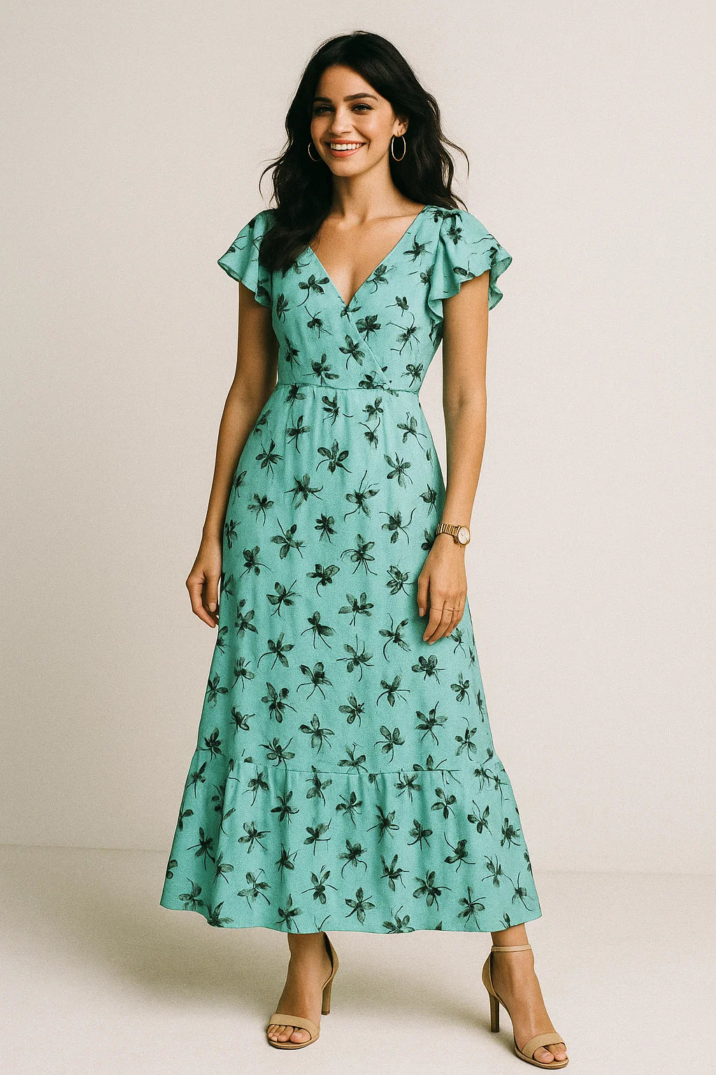 Morden Grey Leaves With Branch Digital Printed Fabric - Silk Crepe