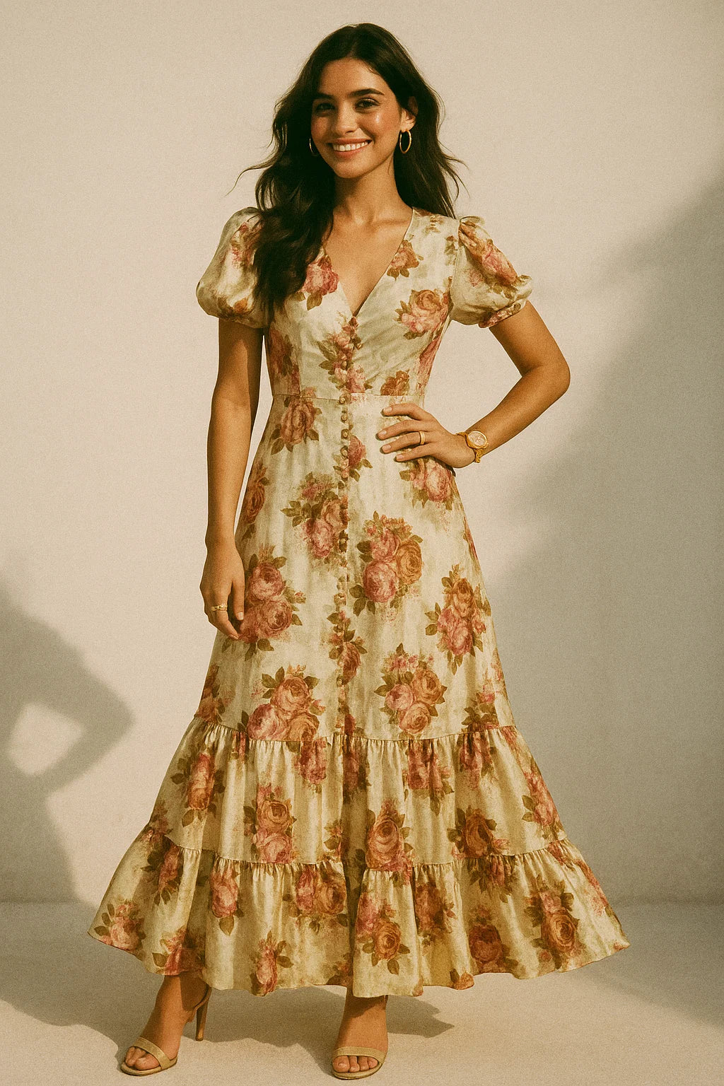 Beautiful Floral Golden Roses With Shiny Digital Printed Fabric - Silk Crepe