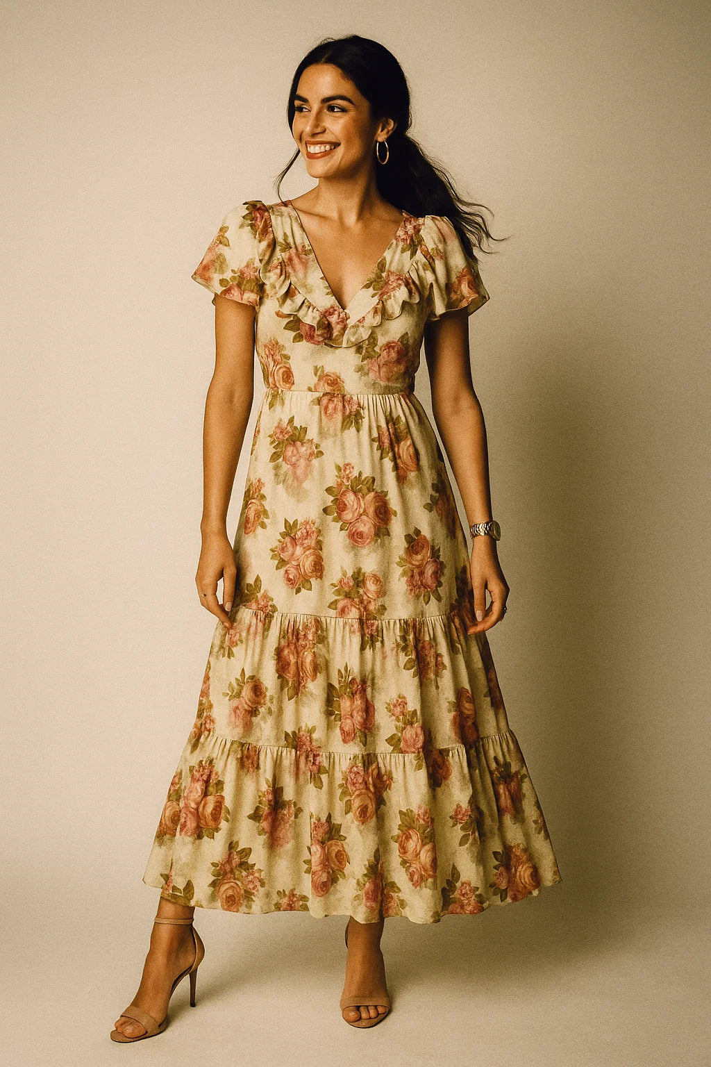 Beautiful Floral Golden Roses With Shiny Digital Printed Fabric - Silk Crepe