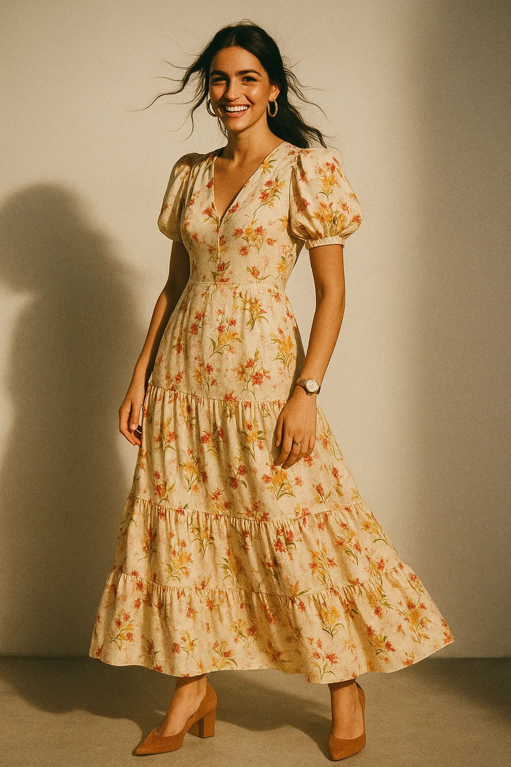 Beautiful Peach Calico Flowed Digital Printed Fabric - Silk Crepe