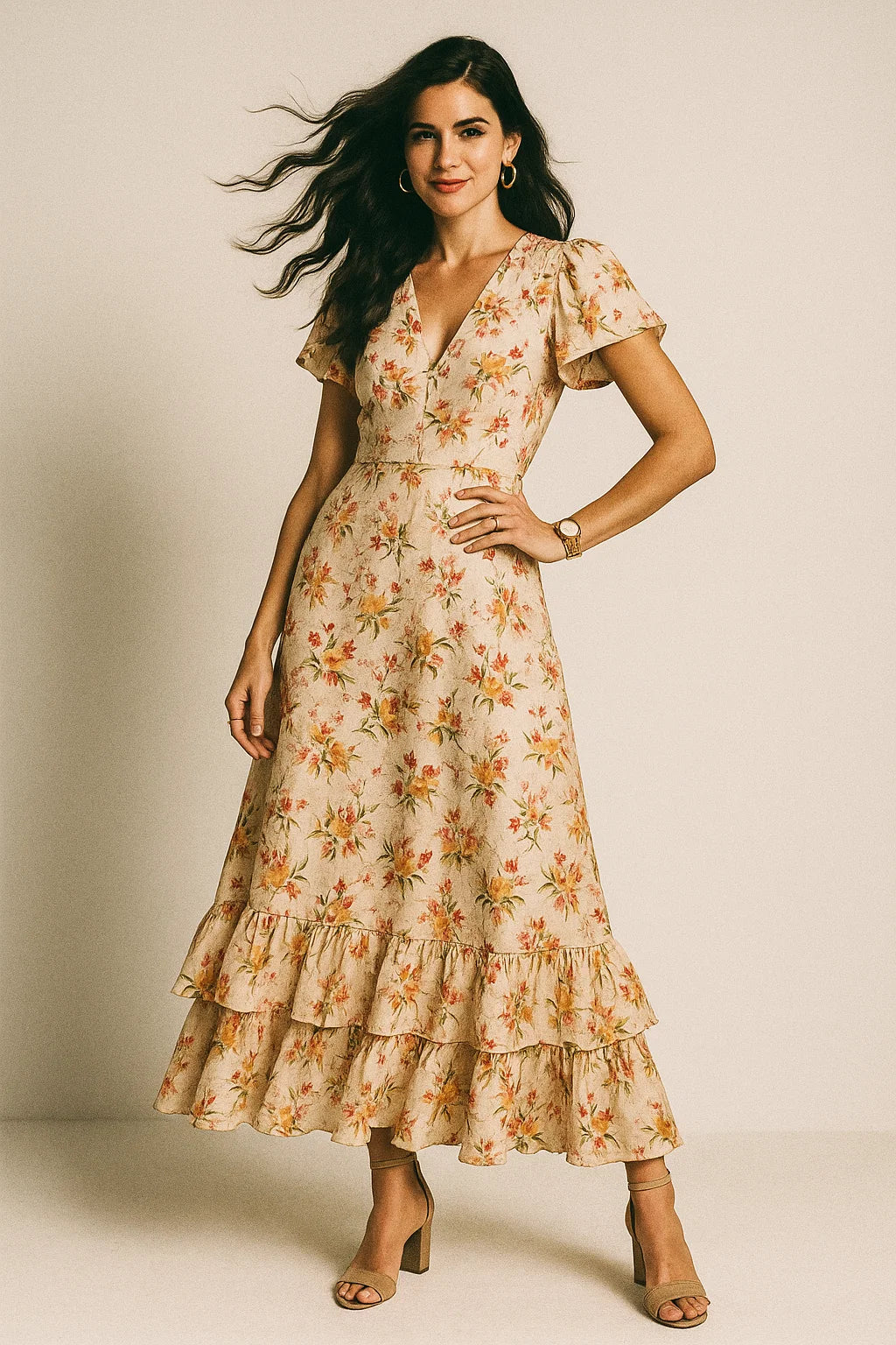 Beautiful Peach Calico Flowed Digital Printed Fabric - Silk Crepe