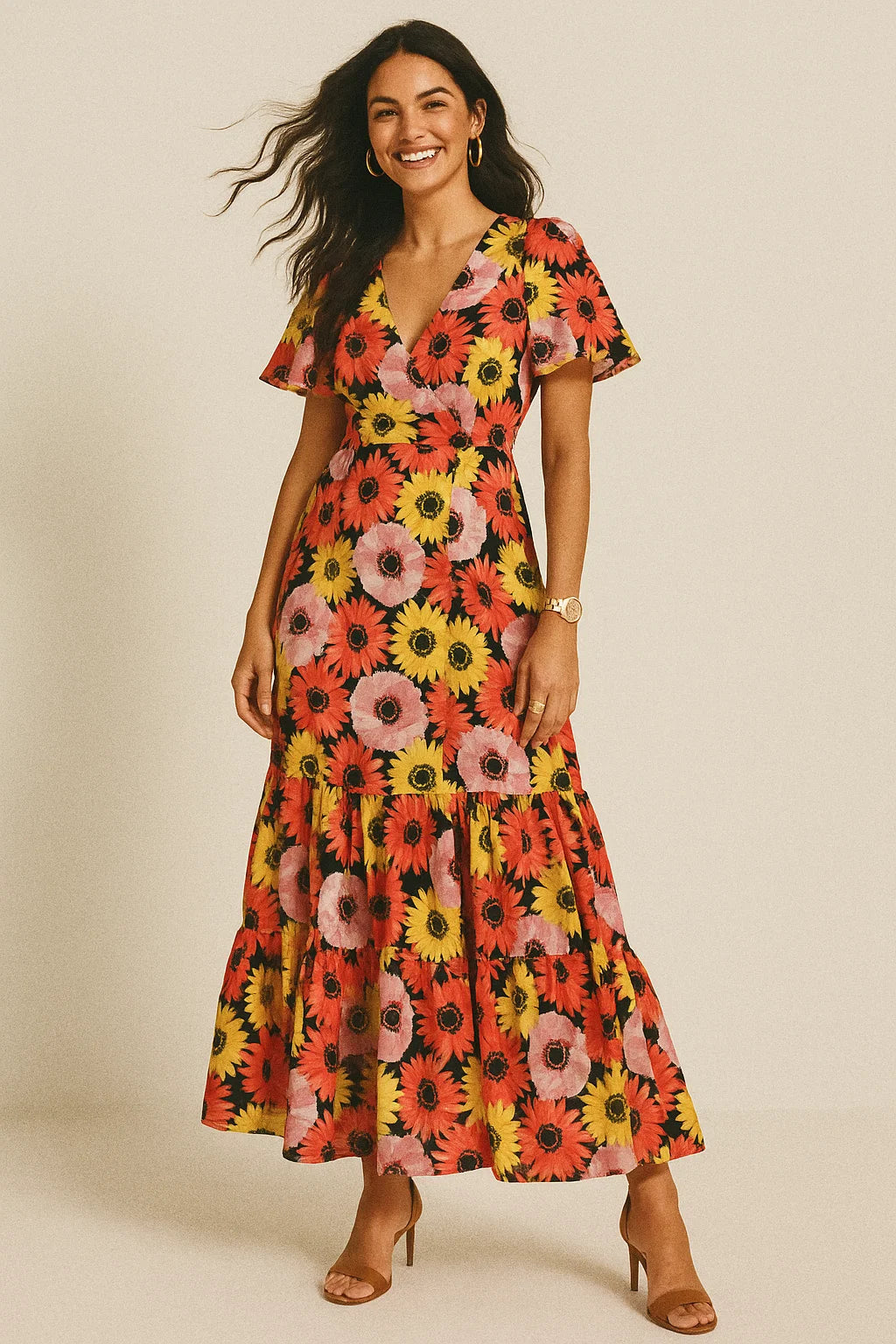 Watercolour Sunflower Digital Printed Fabric - Silk Crepe