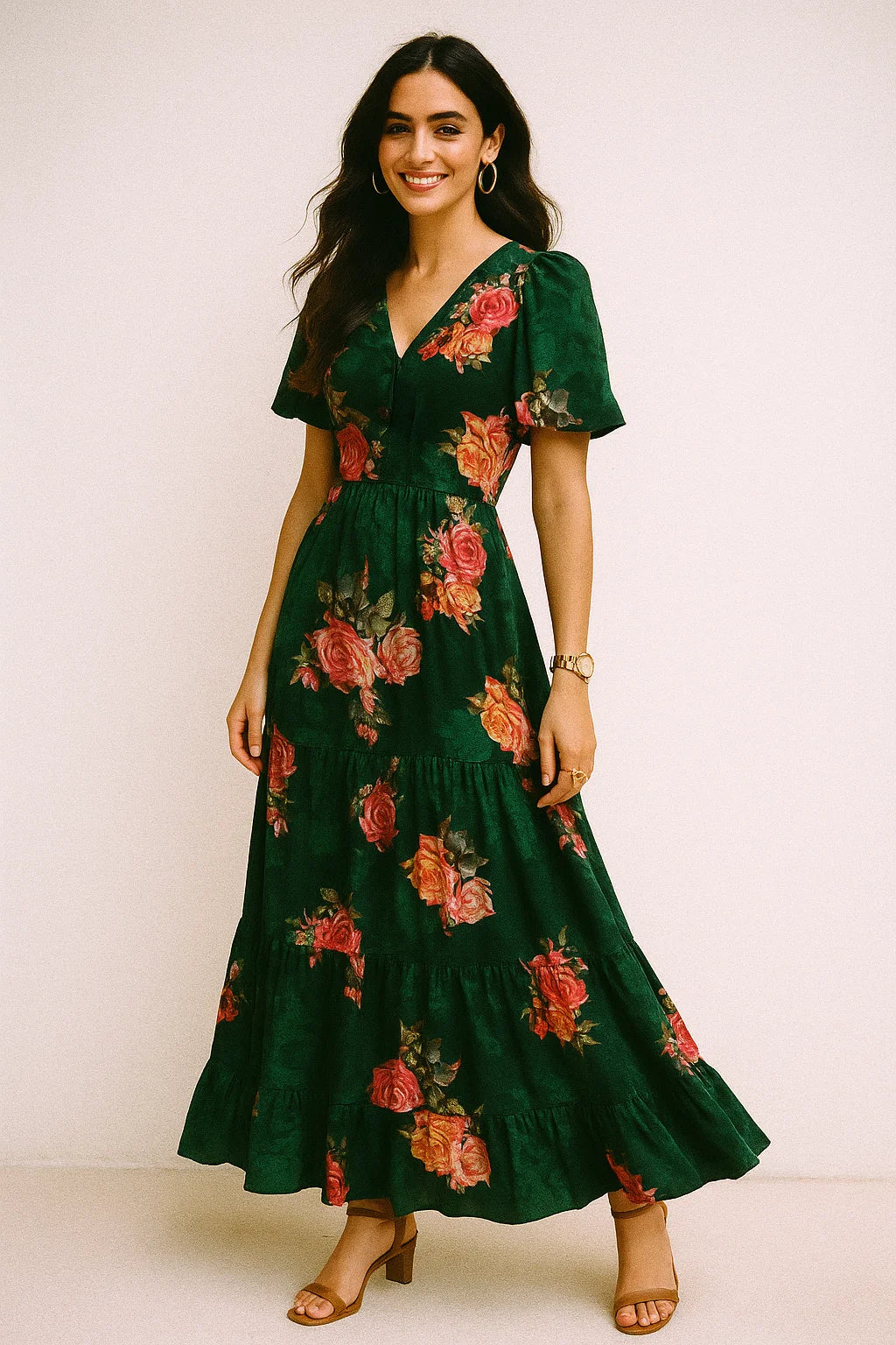 Beautiful Roses With Leaves Digital Printed Fabric - Silk Crepe