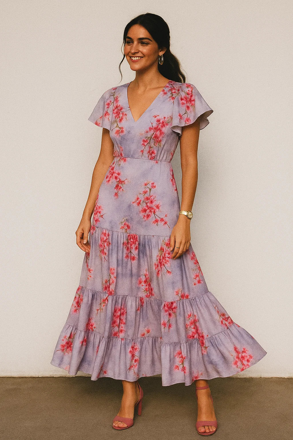 Tiny Pink Violet Floral Flower Digital Printed Fabric - Silk Crepe