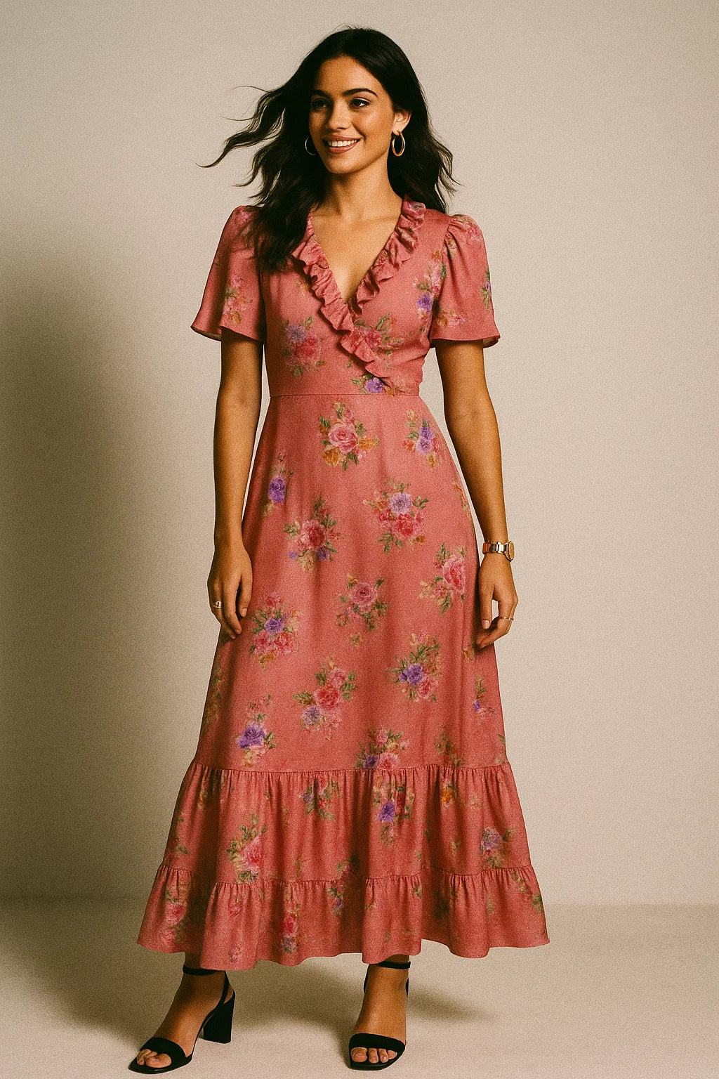 Dusky Pink With Zinnia Flower Digital Printed Fabric - Silk Crepe