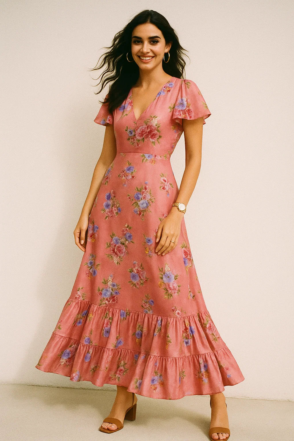 Dusky Pink With Zinnia Flower Digital Printed Fabric - Silk Crepe