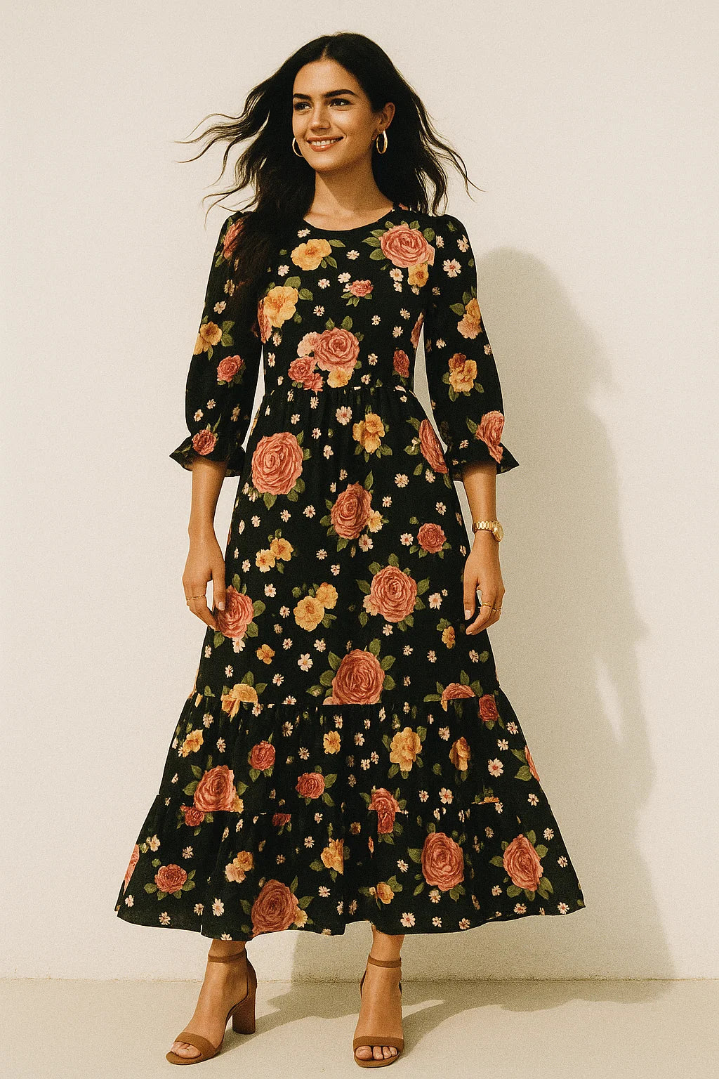 Multicolour Anemone Roses With Digital Printed Fabric - Silk Crepe