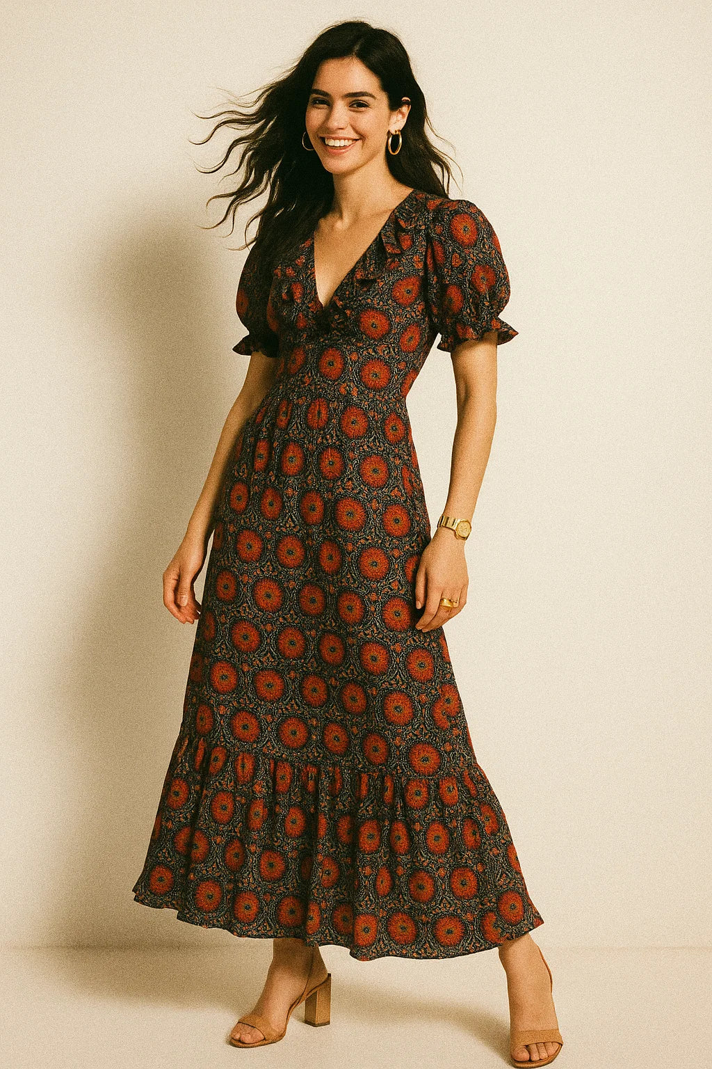 Cool Red Shiny Flower With Valley Digital Printed Fabric - Silk Crepe