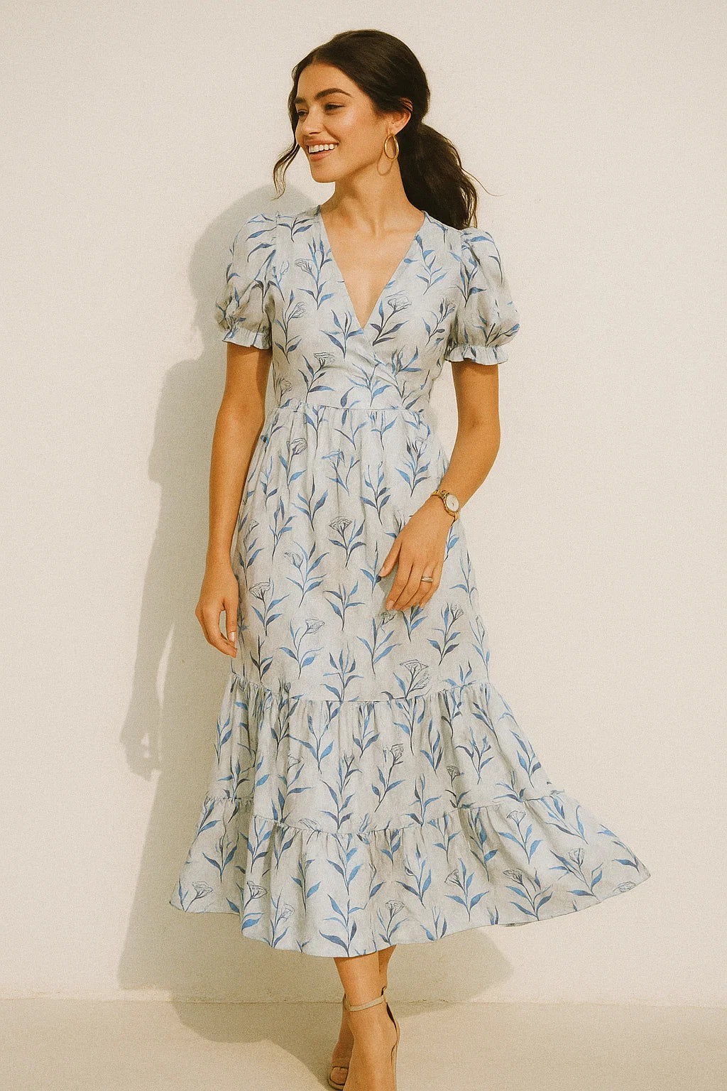 Attractive Blue Bud Water Paint Shadow Digital Printed Fabric - Silk Crepe